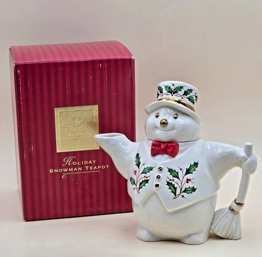 Lenox Holiday Snowman Teapot Ceramic 9" Wide Ivory Porcelain Red Bowtie with Box